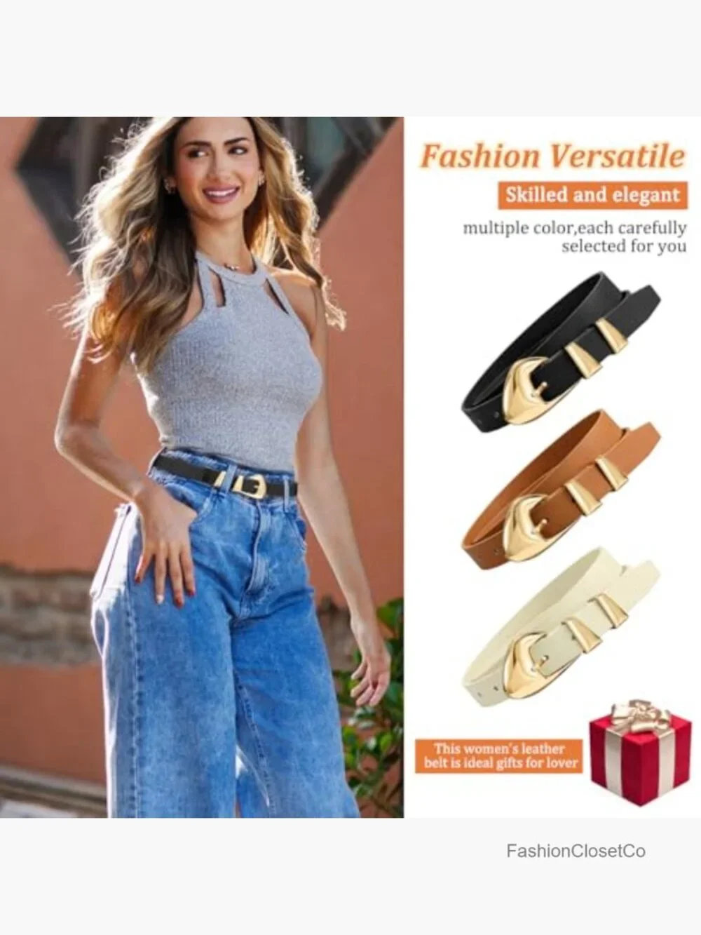 Skinny PU Leather Belt with Gold Buckle, Adjustable 1